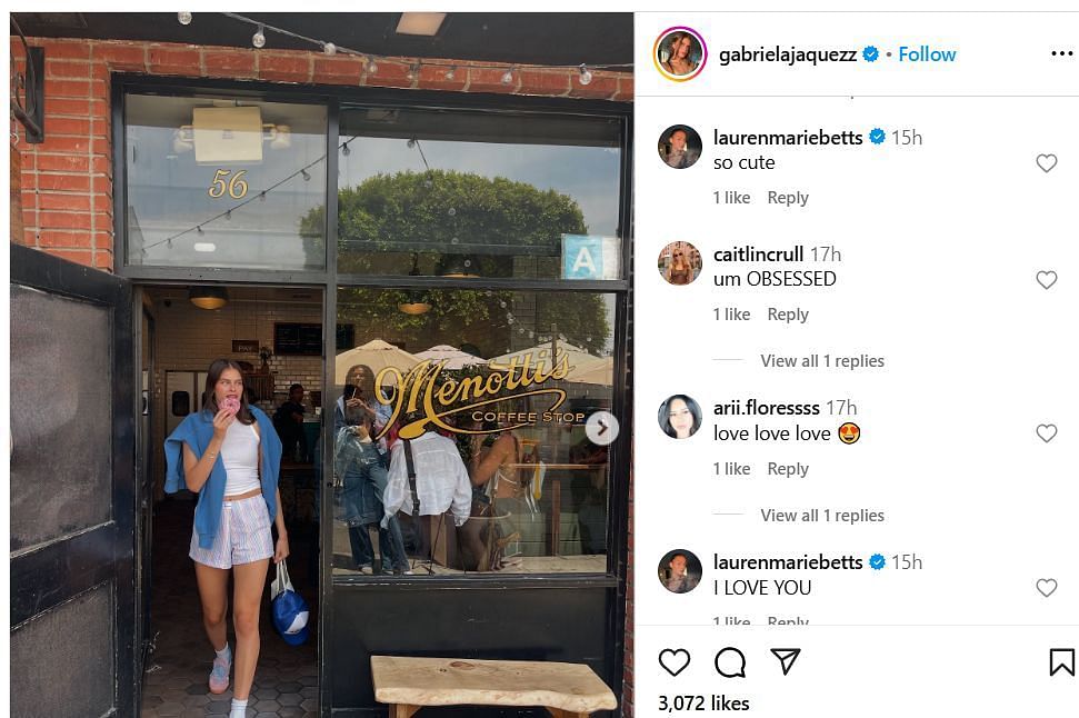 Lauren Betts reacts to UCLA teammate Gabriela Jaquez's IG post. Image via @gabrielajaquezz